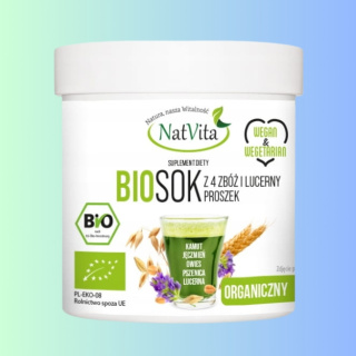 BIO SOK - z 4 zbóż i lucerny w proszku, organiczny, NatVita, 250g