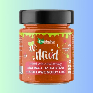 Miód Malina Dzika Róża z Bioflawonoidami CBC, EkaMedica, 250g
