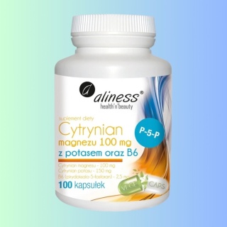 Aliness Cytrynian magnezu 100mg z potasem oraz B6 P-5-P, Medicaline, 100 kapsułek