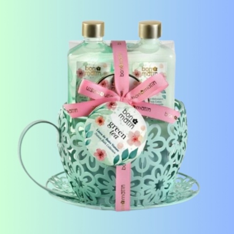 Zestaw Filiżanka – pielęgnacja ciała: żel, mleczko, scrub i gąbka, 175 ml + 50 ml